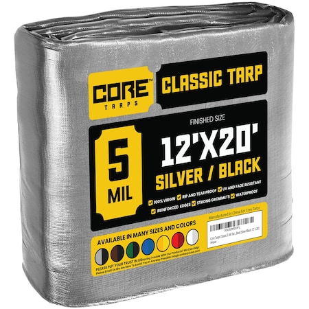 Core Tarps Heavy Duty Tarp, 20 ft L x 0.5 mm H x 12 ft W, 5 Mil, Silver/Black, Polyethylene CT-501-12X20
